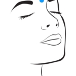 A sketch of a woman's face, with a blue dot between the eyebrows