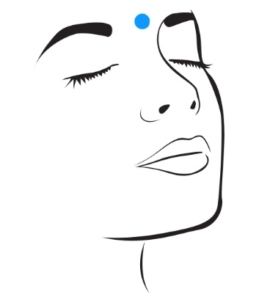 A sketch of a woman's face, with a blue dot between the eyebrows