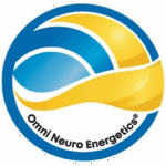 Omni Neuro Energetics Logo, blue and gold, suggesting waves, hills, the sun